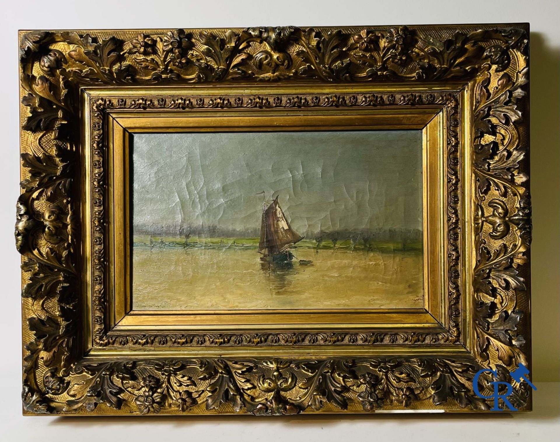 2 Paintings: Edouard Vanderhaeghen. Sailboat in the polders and a sea view. Signed illegibly. - Image 2 of 8