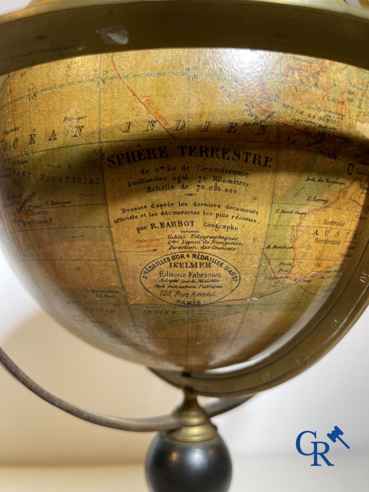 An antique globe with meridian circle on a black lacquered wooden base. 19th century. - Image 5 of 10