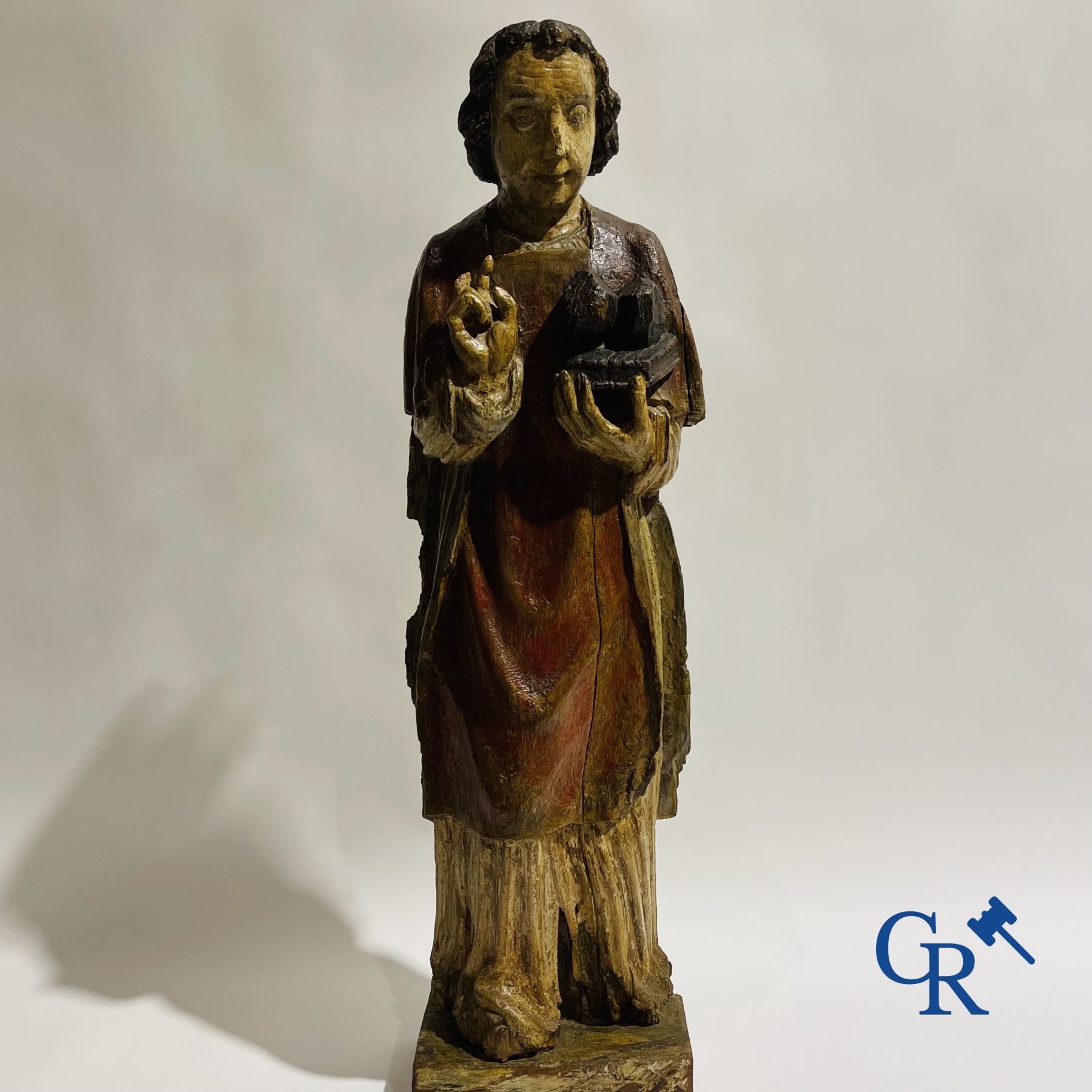 Wooden sculpture: Polychrome wood sculpture of a saint. Saint Stephen. Probably 17th century. - Image 7 of 26