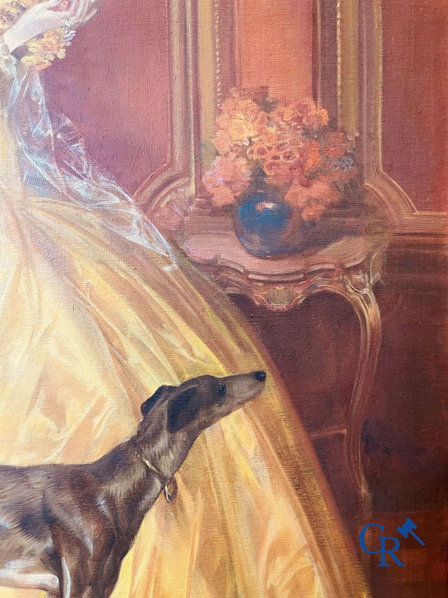 Karel Van Belle: Elegant lady with greyhound. Oil on canvas. - Image 7 of 10