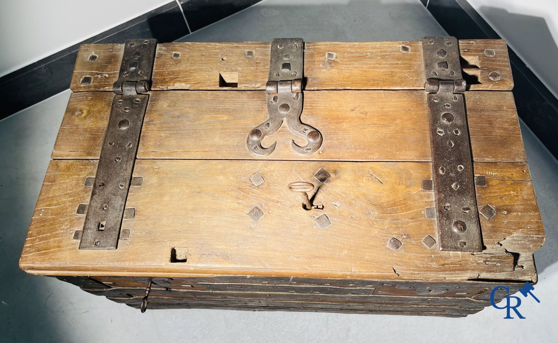 Antique wooden chest with hardware and lockwork in forging. - Image 8 of 21