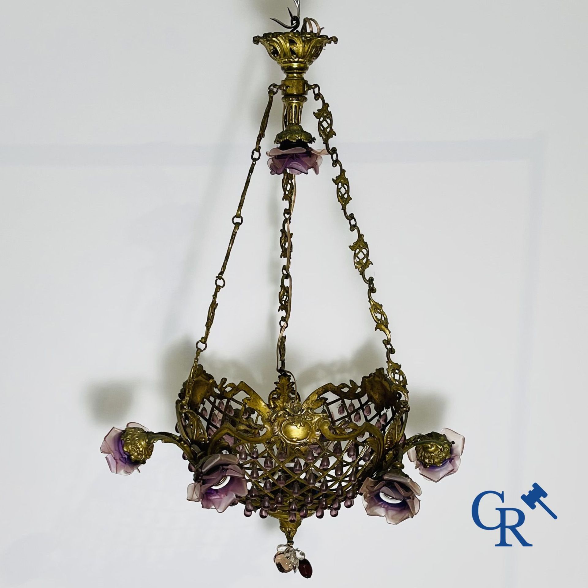 Chandelier: Belle époque chandelier in bronze and coloured glass. - Image 2 of 5