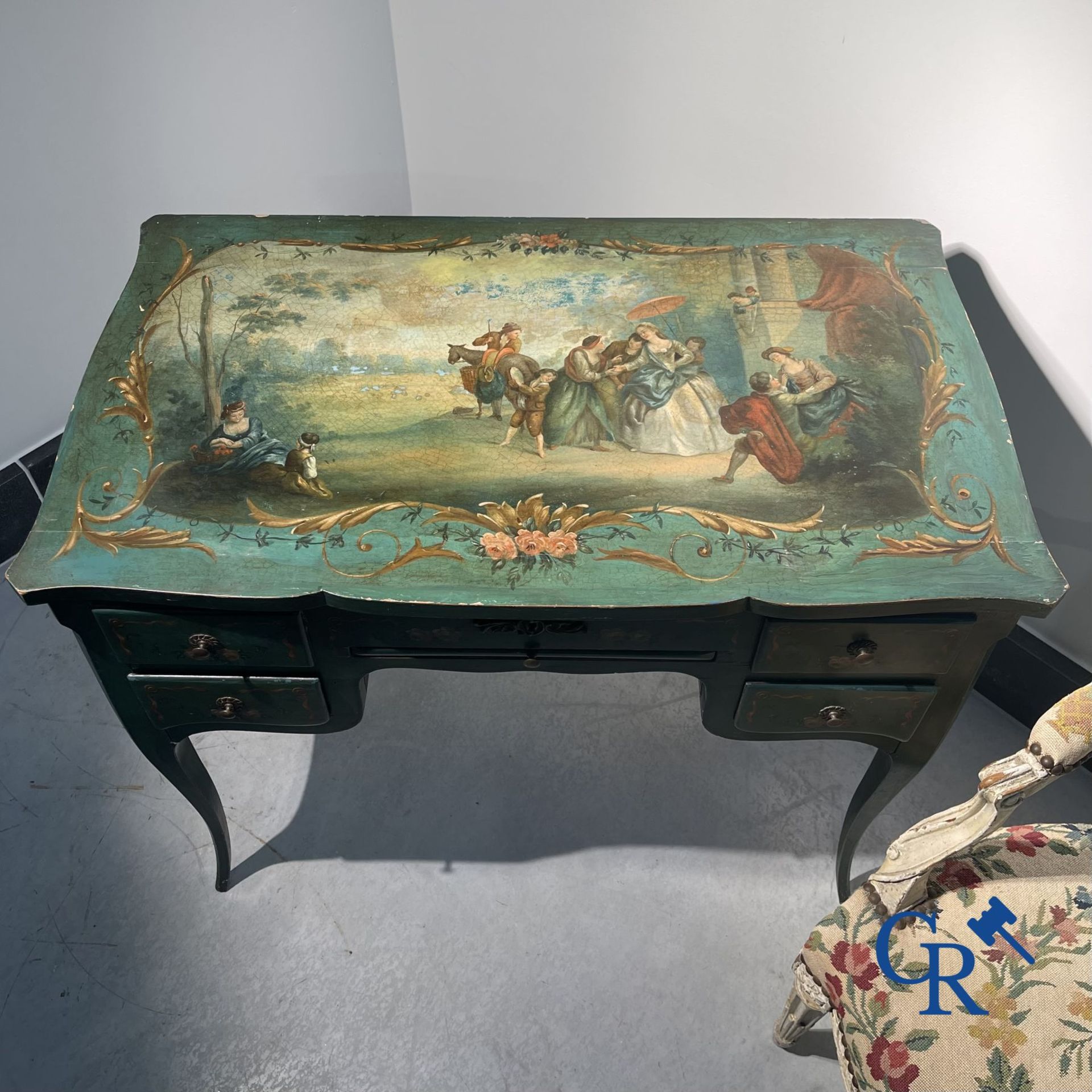 Ladies dressing table with gallant paintings, and a lacquered armchair transitional period Louis XV  - Image 2 of 17