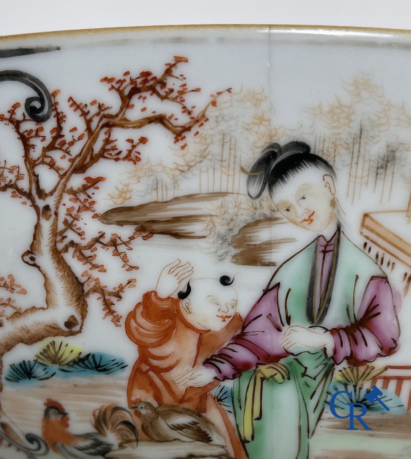 A large Chinese famille rose mandarin bowl, a famille rose cup and saucer and a figurine in blanc de - Image 8 of 25