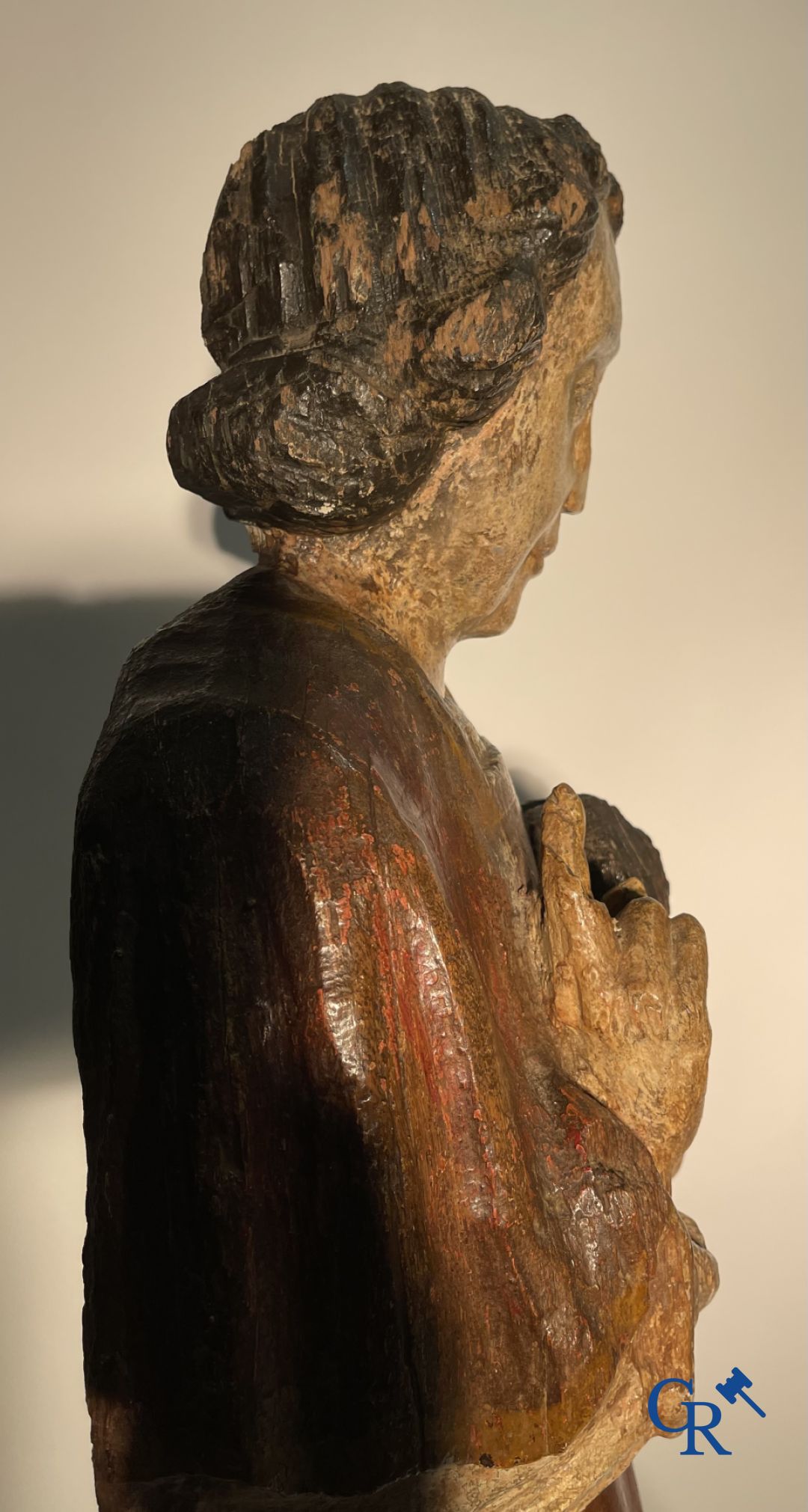 Wooden sculpture: Polychrome wood sculpture of a saint. Saint Stephen. Probably 17th century. - Image 21 of 26