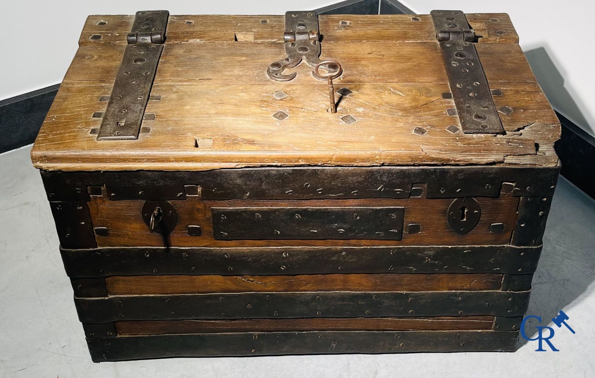 Antique wooden chest with hardware and lockwork in forging. - Image 10 of 21