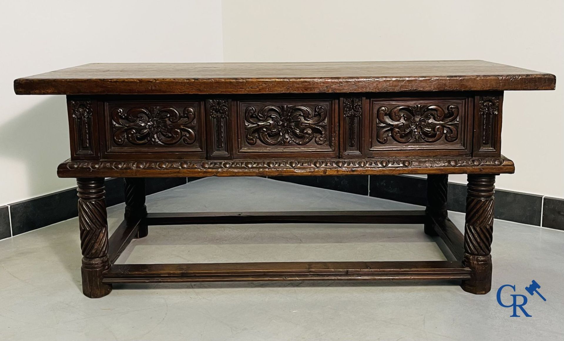 Furniture: 17th century carved walnut table with 3 drawers. - Image 16 of 22