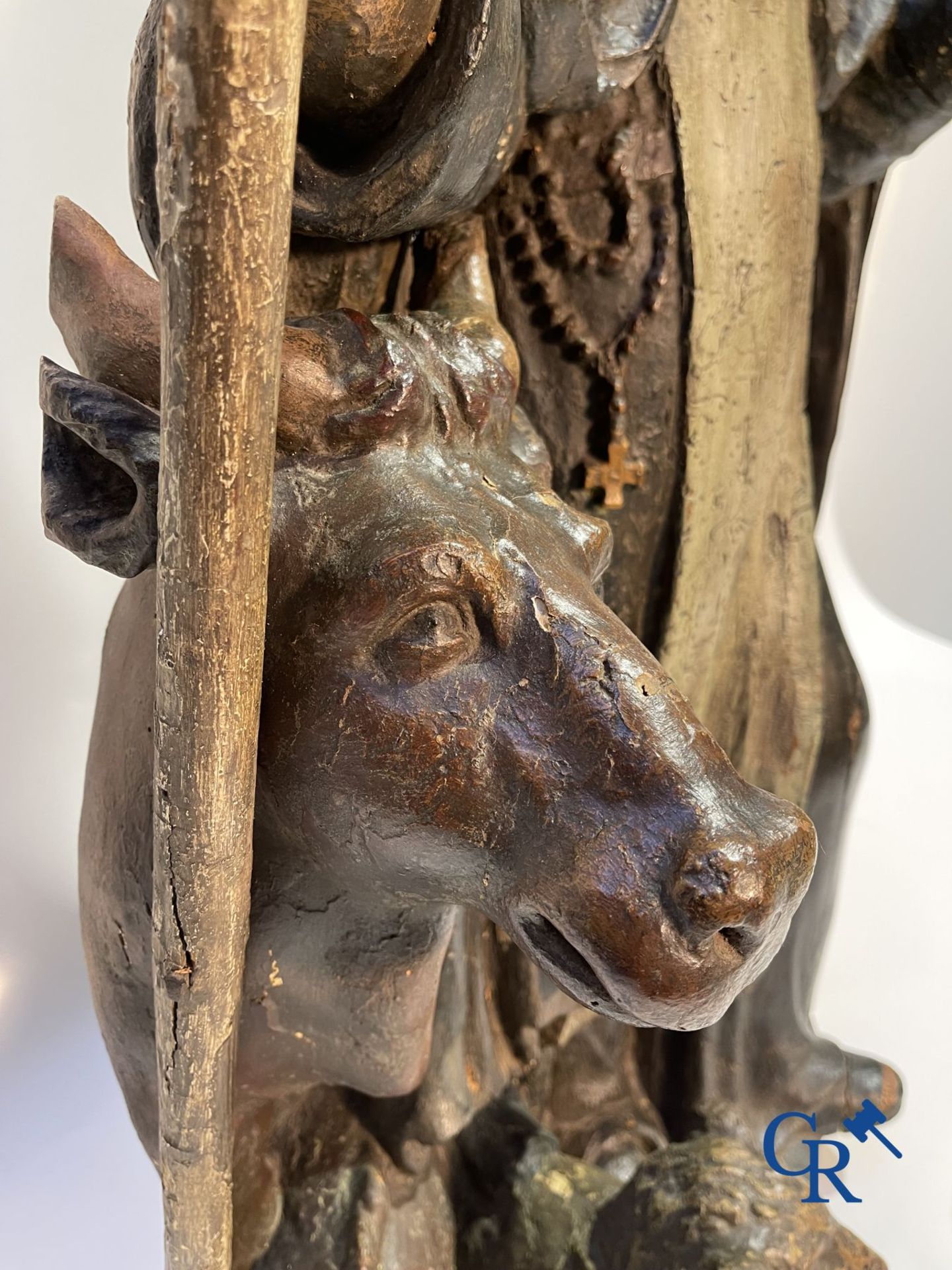 Imposing 17th century polychrome wooden statue of a Saint accompanied by a cow, a pig and a sheep. - Image 5 of 23