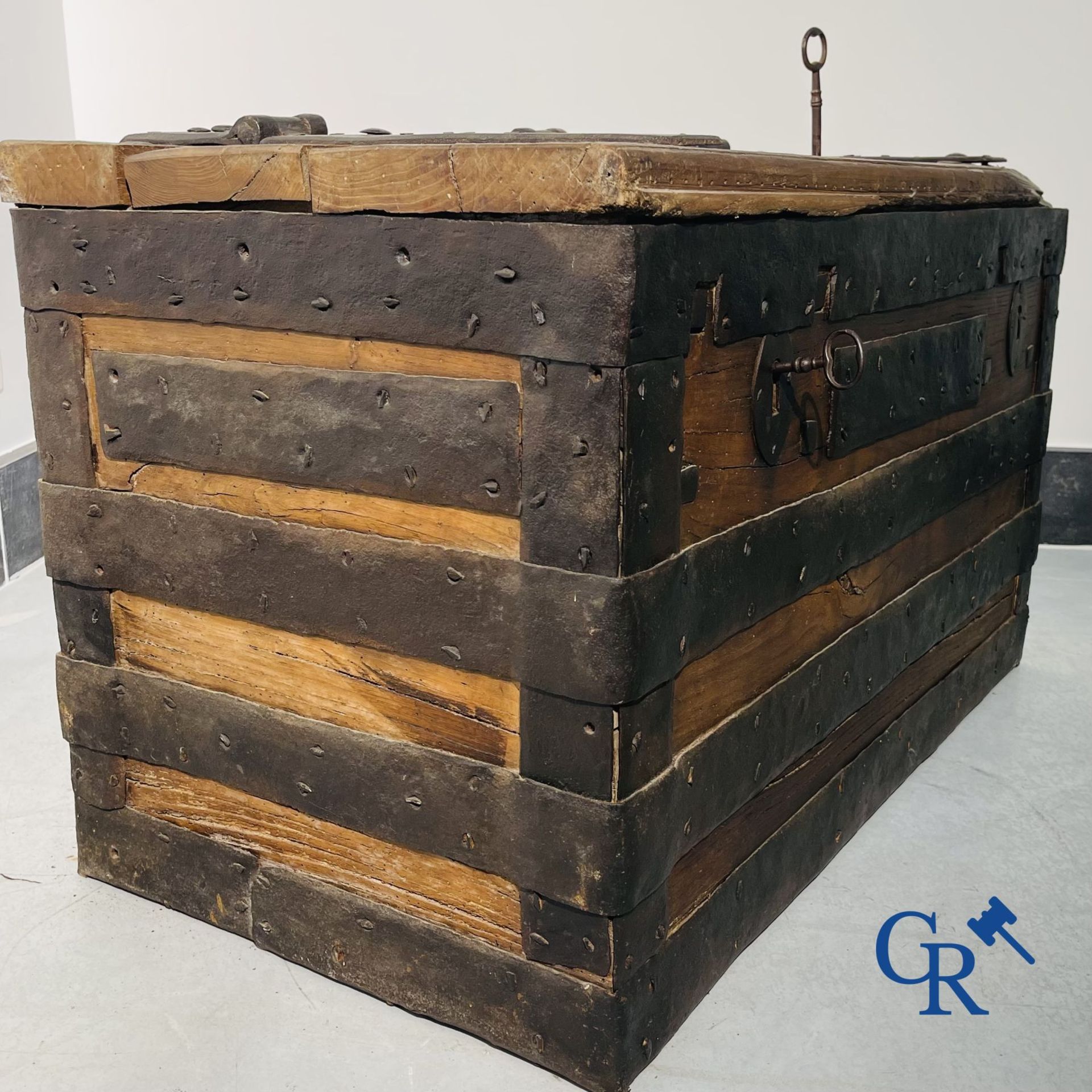 Antique wooden chest with hardware and lockwork in forging. - Image 9 of 21