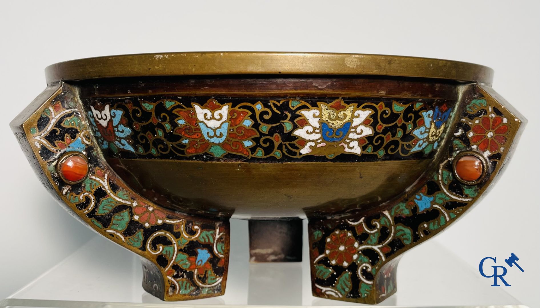 Asian Art: A three-legged bronze and cloisonne incense burner. Marked. - Image 15 of 21