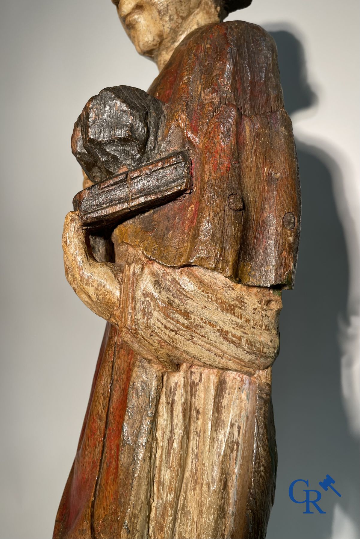 Wooden sculpture: Polychrome wood sculpture of a saint. Saint Stephen. Probably 17th century. - Image 2 of 26