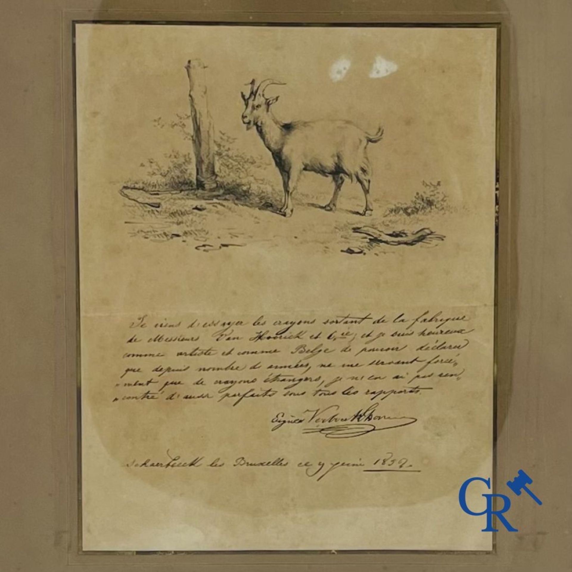 Eugène Verboeckhoven: Pencil and ink on paper. Signed and dated 1852.