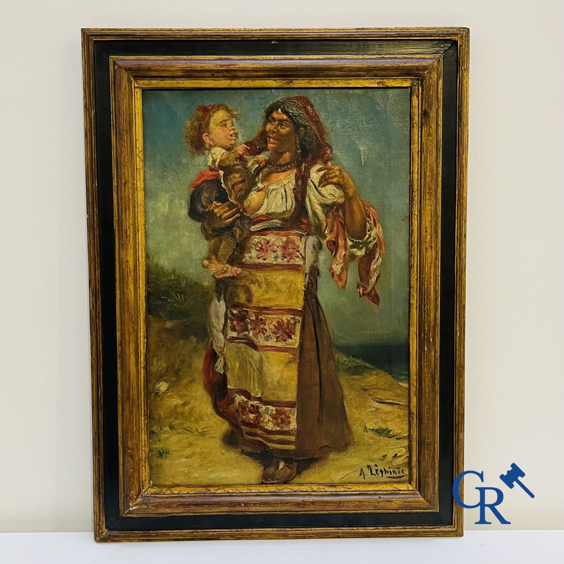 Painting: oil on canvas, illegibly signed. Gypsy woman with child.