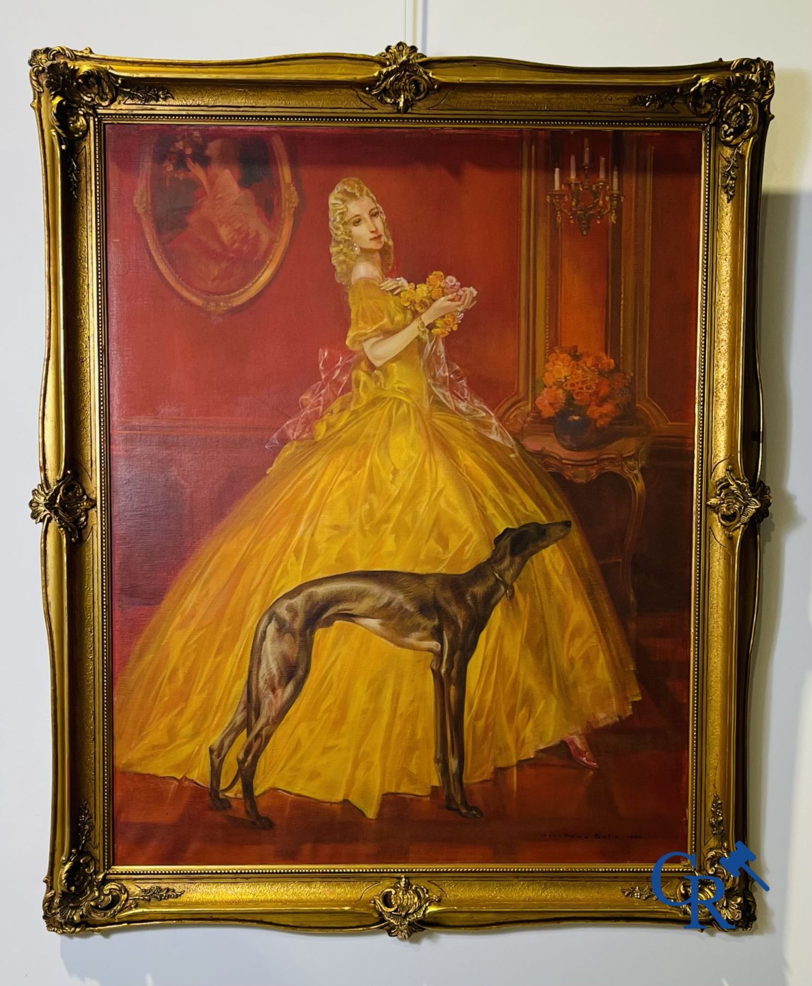 Karel Van Belle: Elegant lady with greyhound. Oil on canvas. - Image 4 of 10