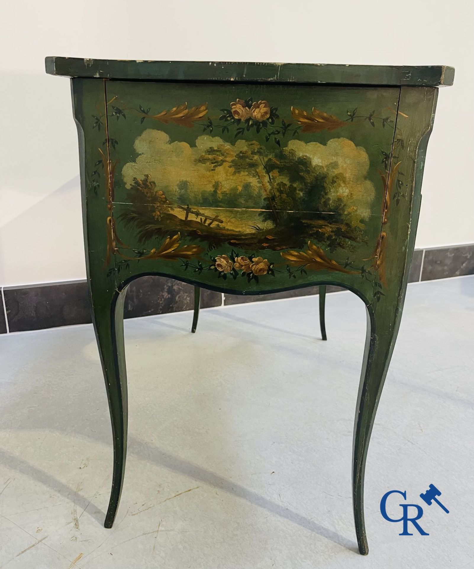 Ladies dressing table with gallant paintings, and a lacquered armchair transitional period Louis XV  - Image 12 of 17