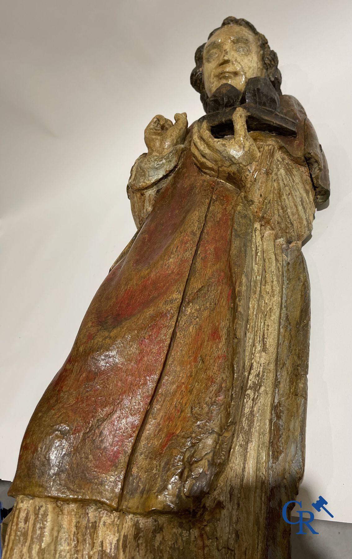 Wooden sculpture: Polychrome wood sculpture of a saint. Saint Stephen. Probably 17th century. - Image 23 of 26