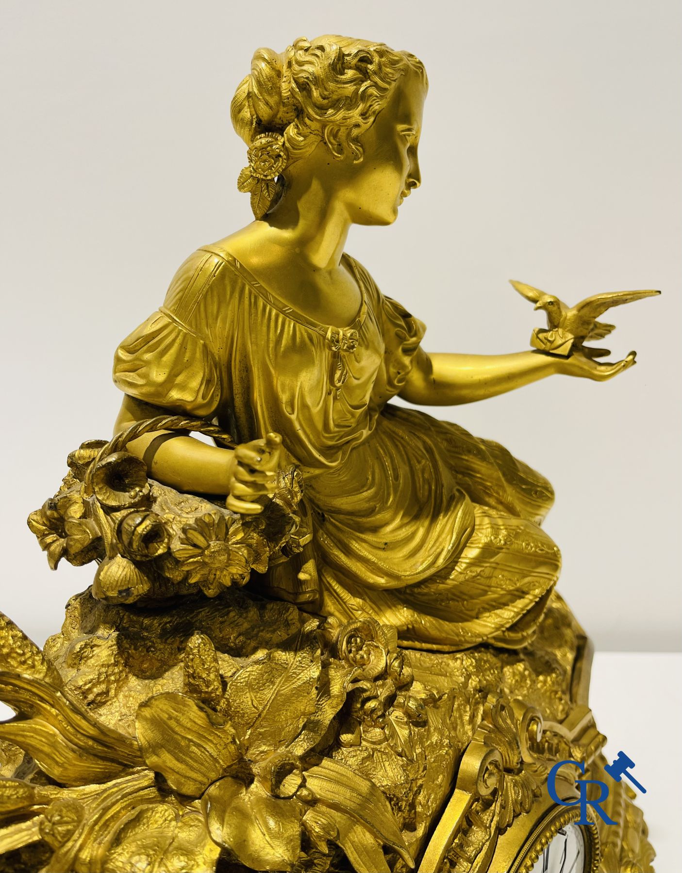 Bronze gilded clock with a romantic performance. 19th century. - Image 3 of 9
