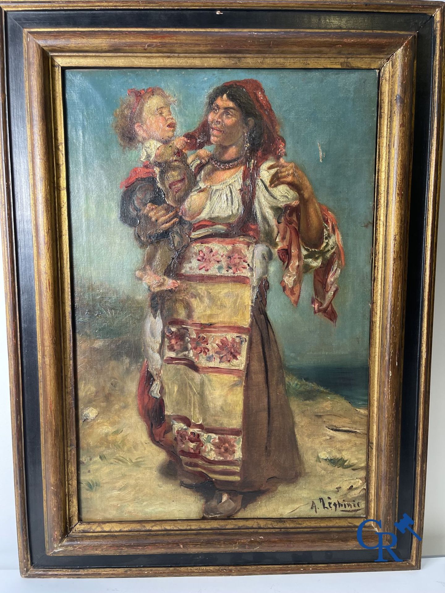 Painting: oil on canvas, illegibly signed. Gypsy woman with child. - Image 4 of 7