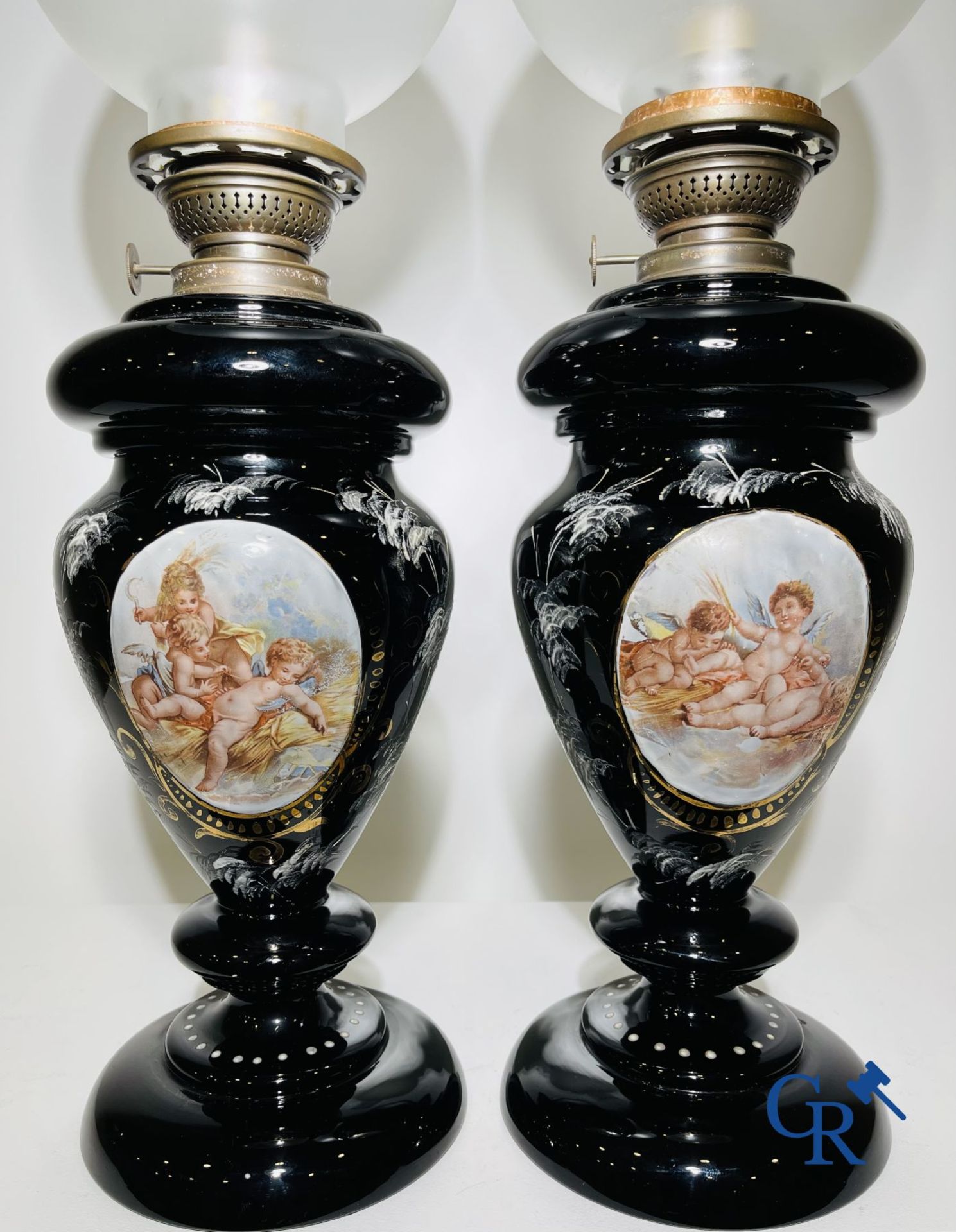 Pair of oil lamps in black opaline with enamelled decor. - Image 3 of 6