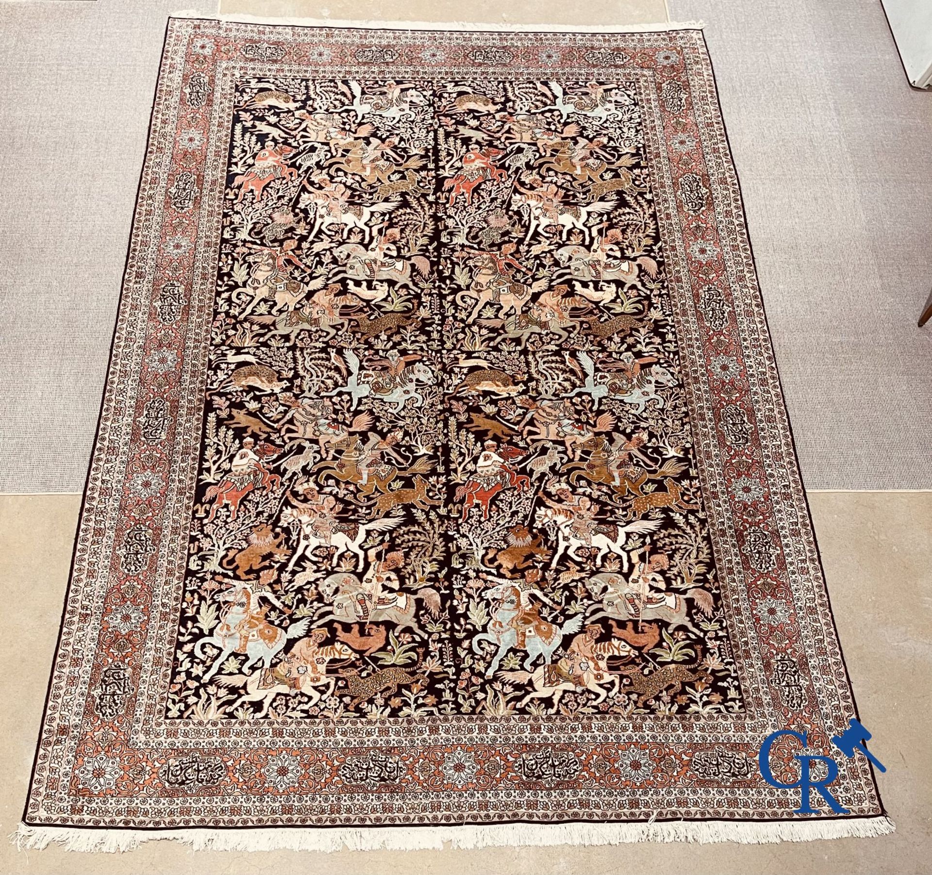 Carpets: Ghoum: Large silk carpet with hunting scenes. Wool and silk. - Bild 2 aus 10