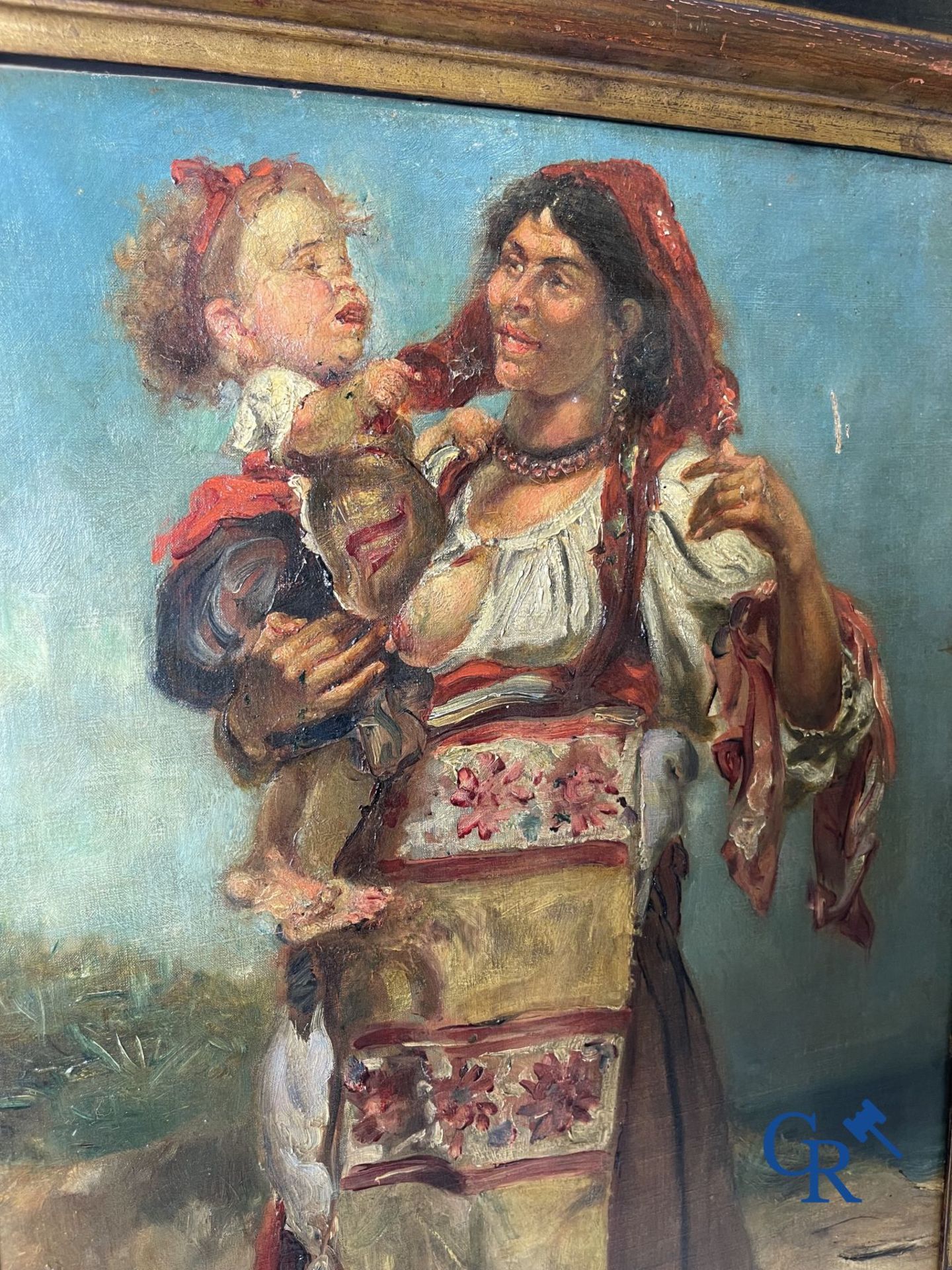 Painting: oil on canvas, illegibly signed. Gypsy woman with child. - Image 3 of 7