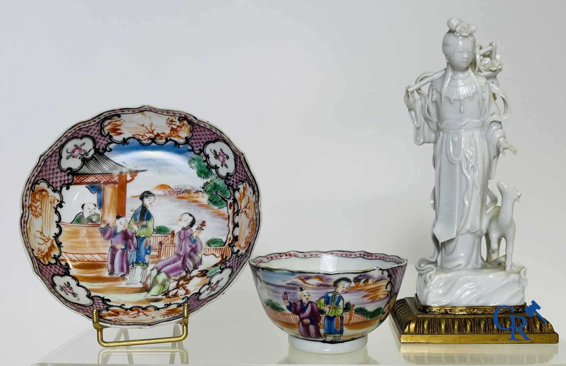 A large Chinese famille rose mandarin bowl, a famille rose cup and saucer and a figurine in blanc de - Image 20 of 25