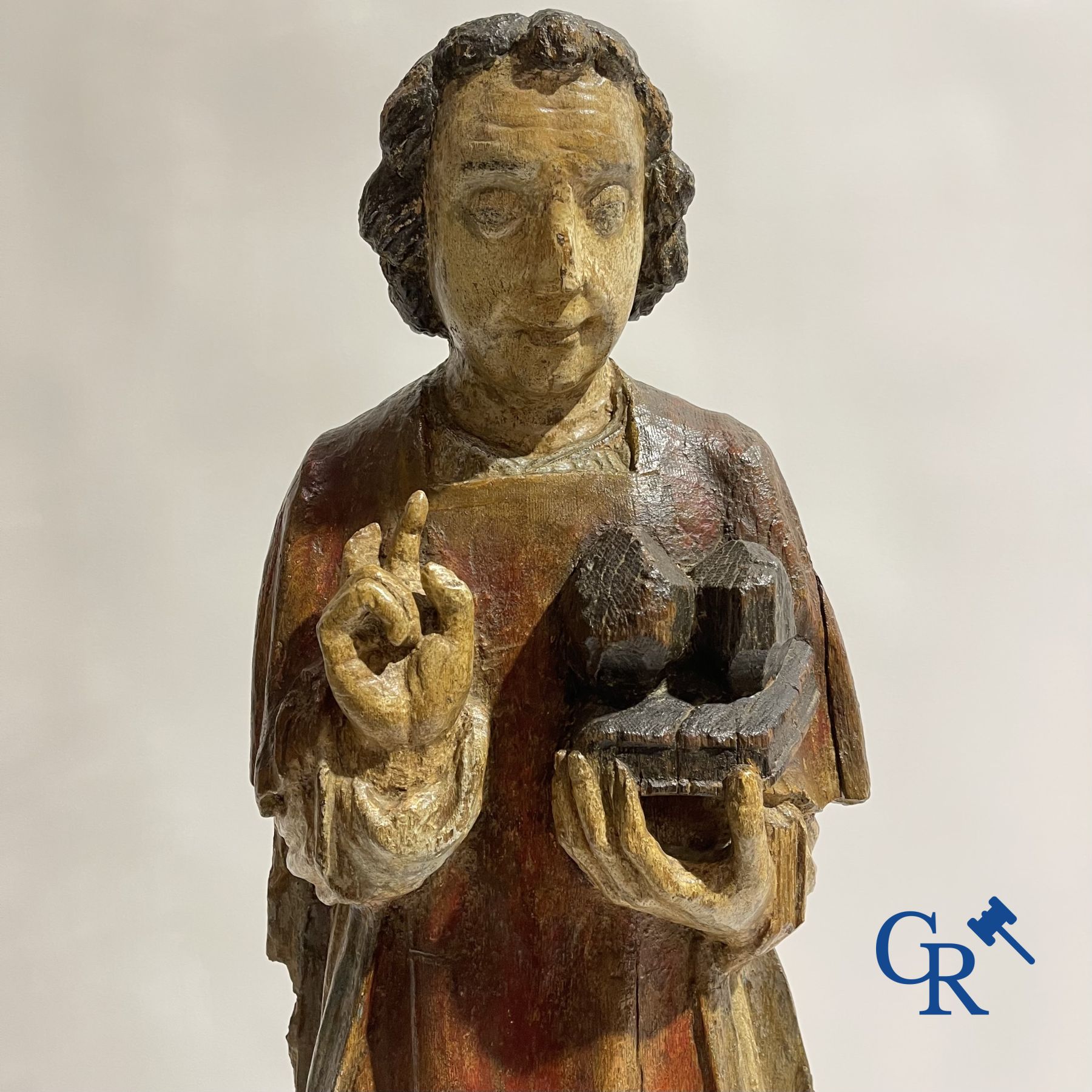 Wooden sculpture: Polychrome wood sculpture of a saint. Saint Stephen. Probably 17th century. - Image 11 of 26