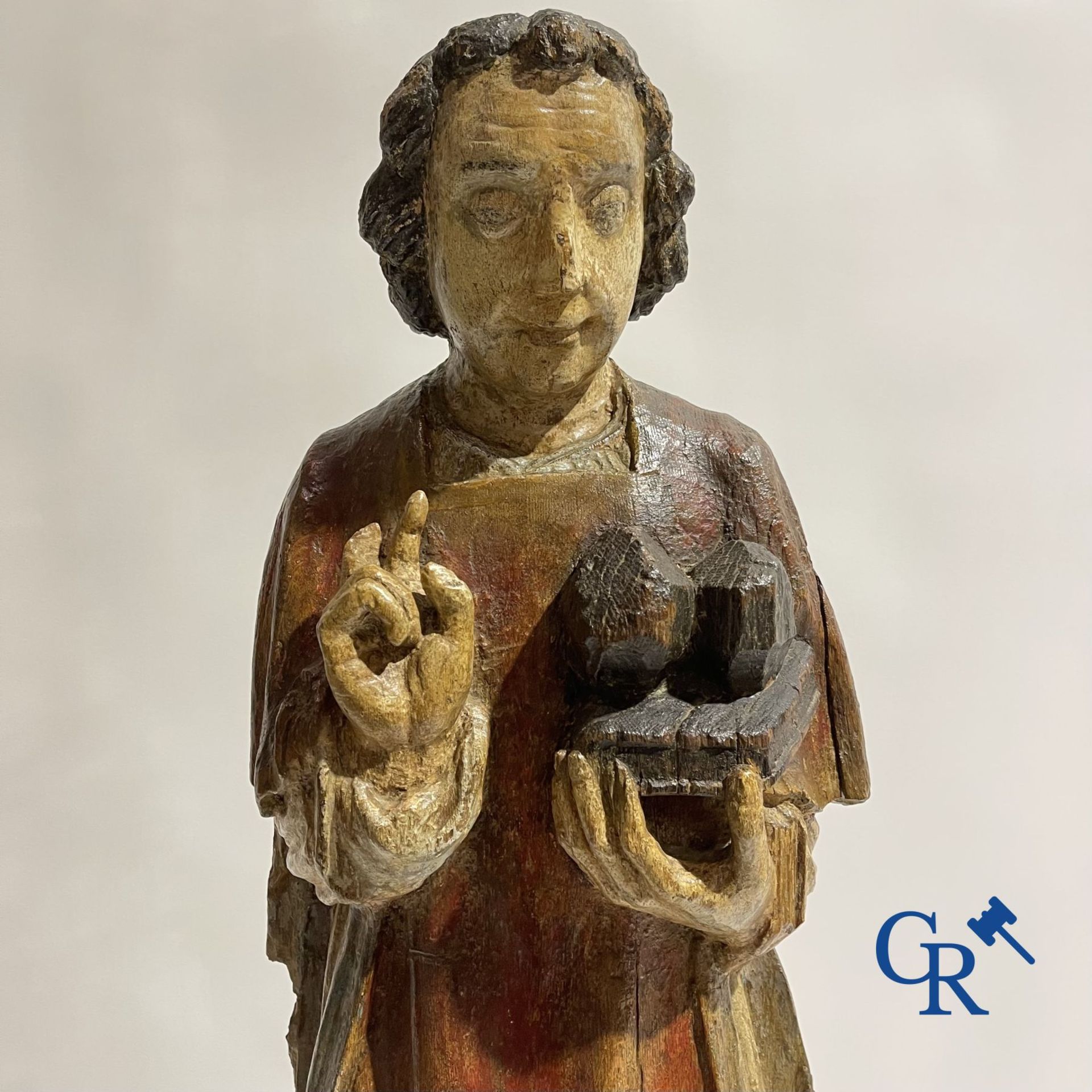 Wooden sculpture: Polychrome wood sculpture of a saint. Saint Stephen. Probably 17th century. - Bild 11 aus 26