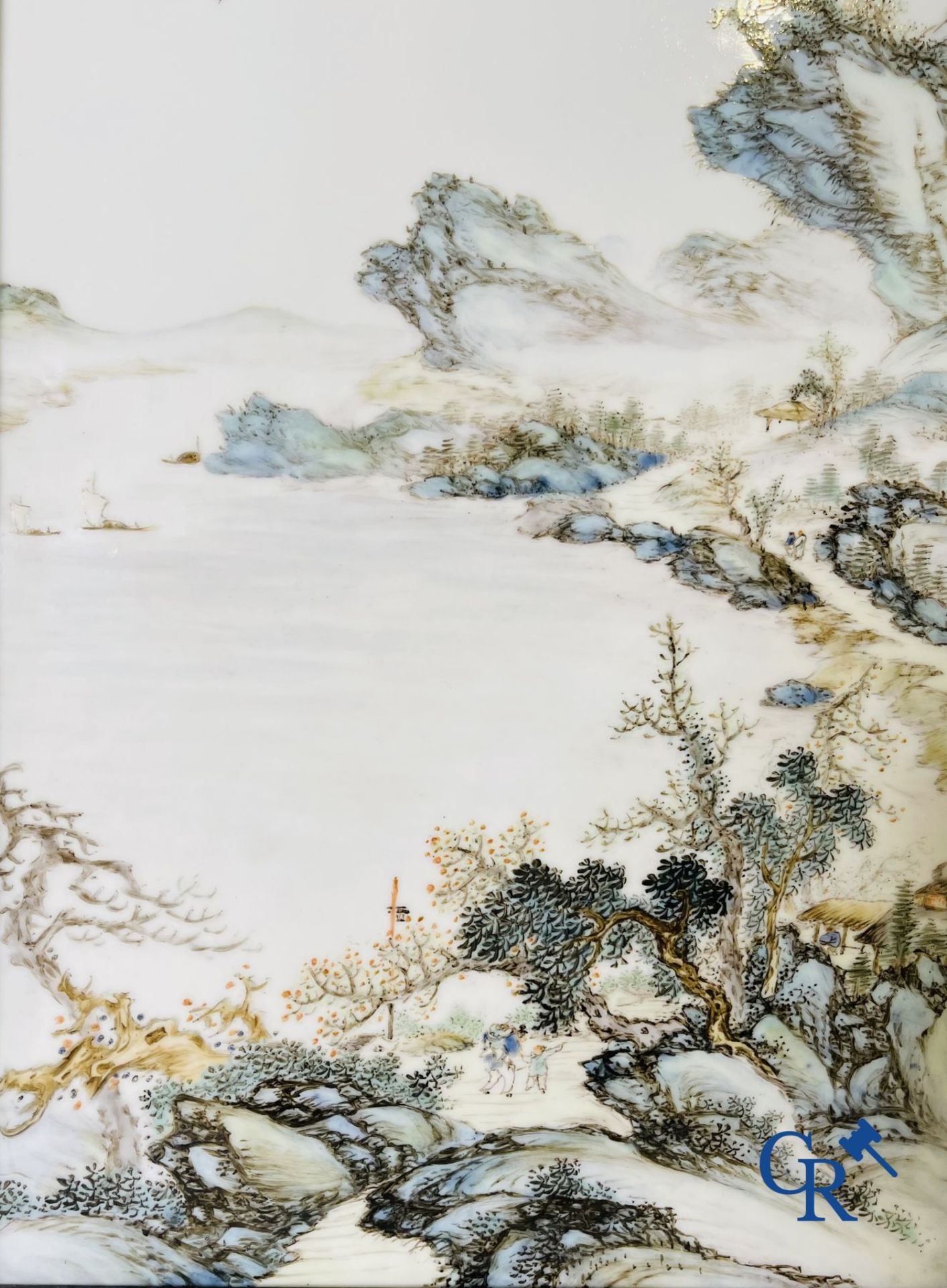 Chinese porcelain: A Chinese qianjiang cai porcelain painting in frame. - Image 5 of 13