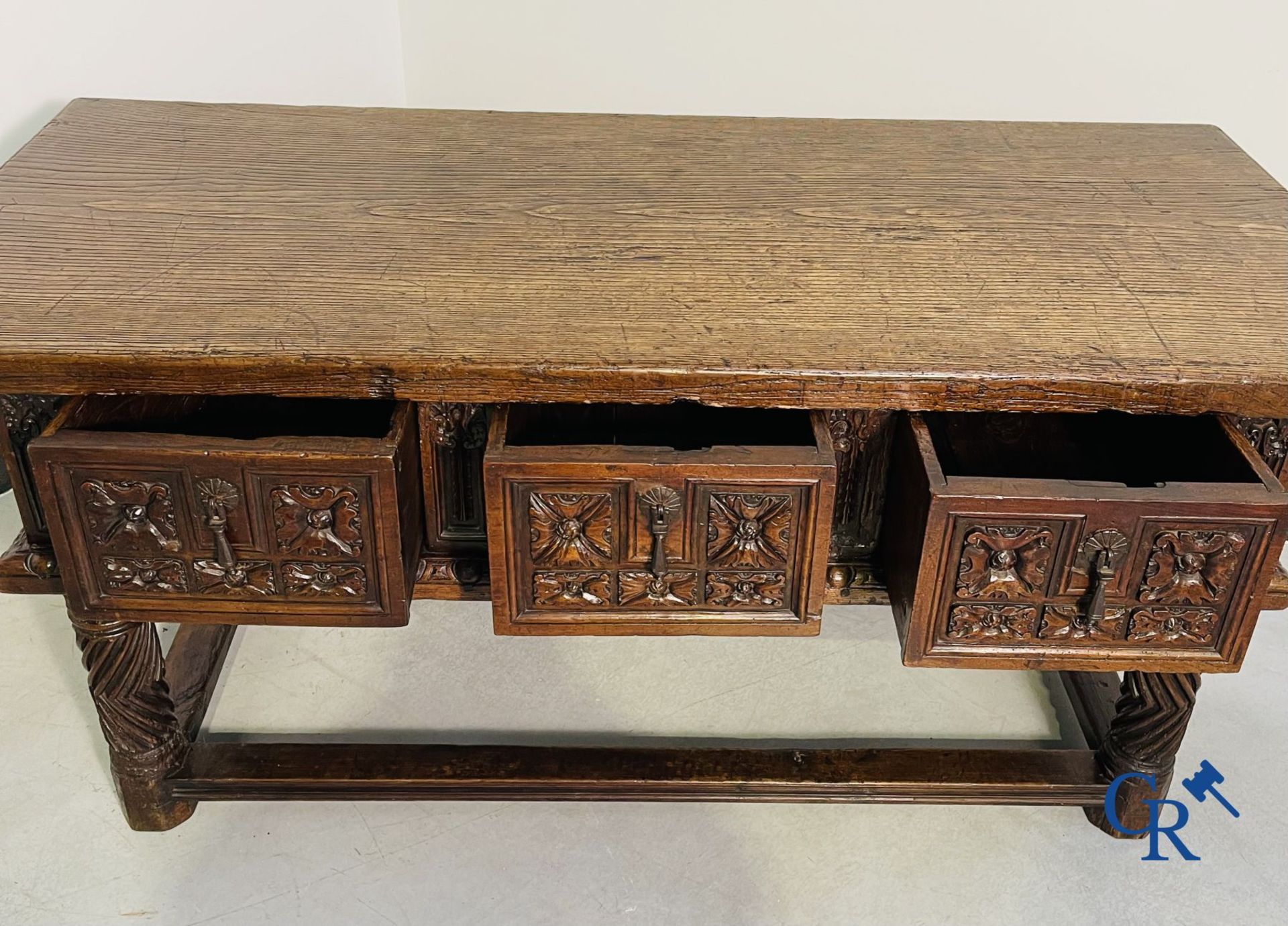 Furniture: 17th century carved walnut table with 3 drawers. - Image 12 of 22