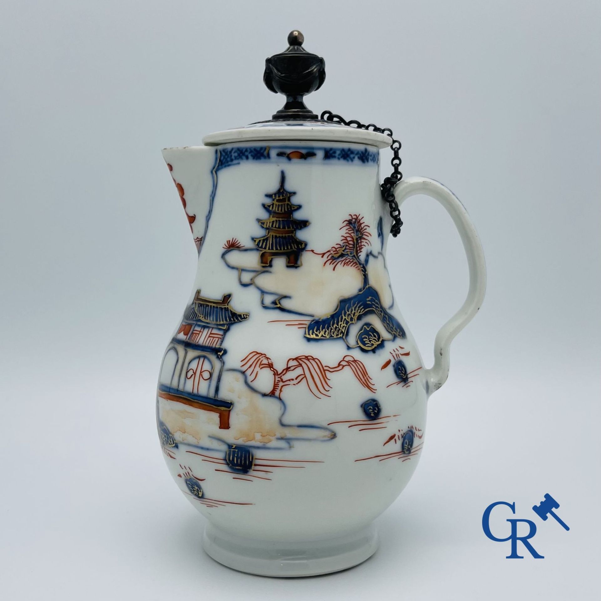 Asian Art: A Chinese silver mounted imari style lid jug. Qianlong period.