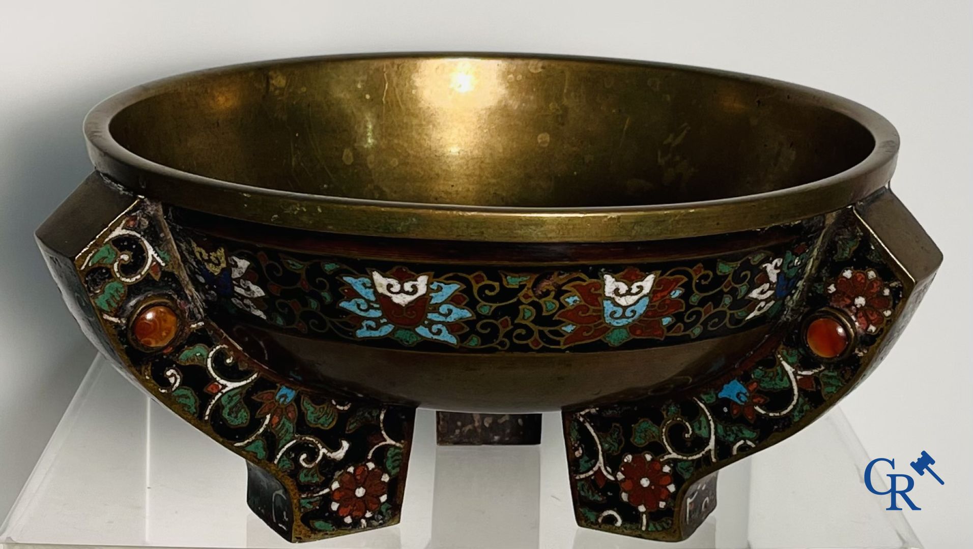 Asian Art: A three-legged bronze and cloisonne incense burner. Marked. - Image 3 of 21