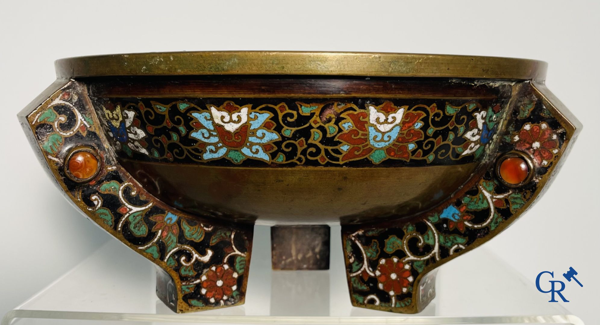 Asian Art: A three-legged bronze and cloisonne incense burner. Marked. - Image 13 of 21