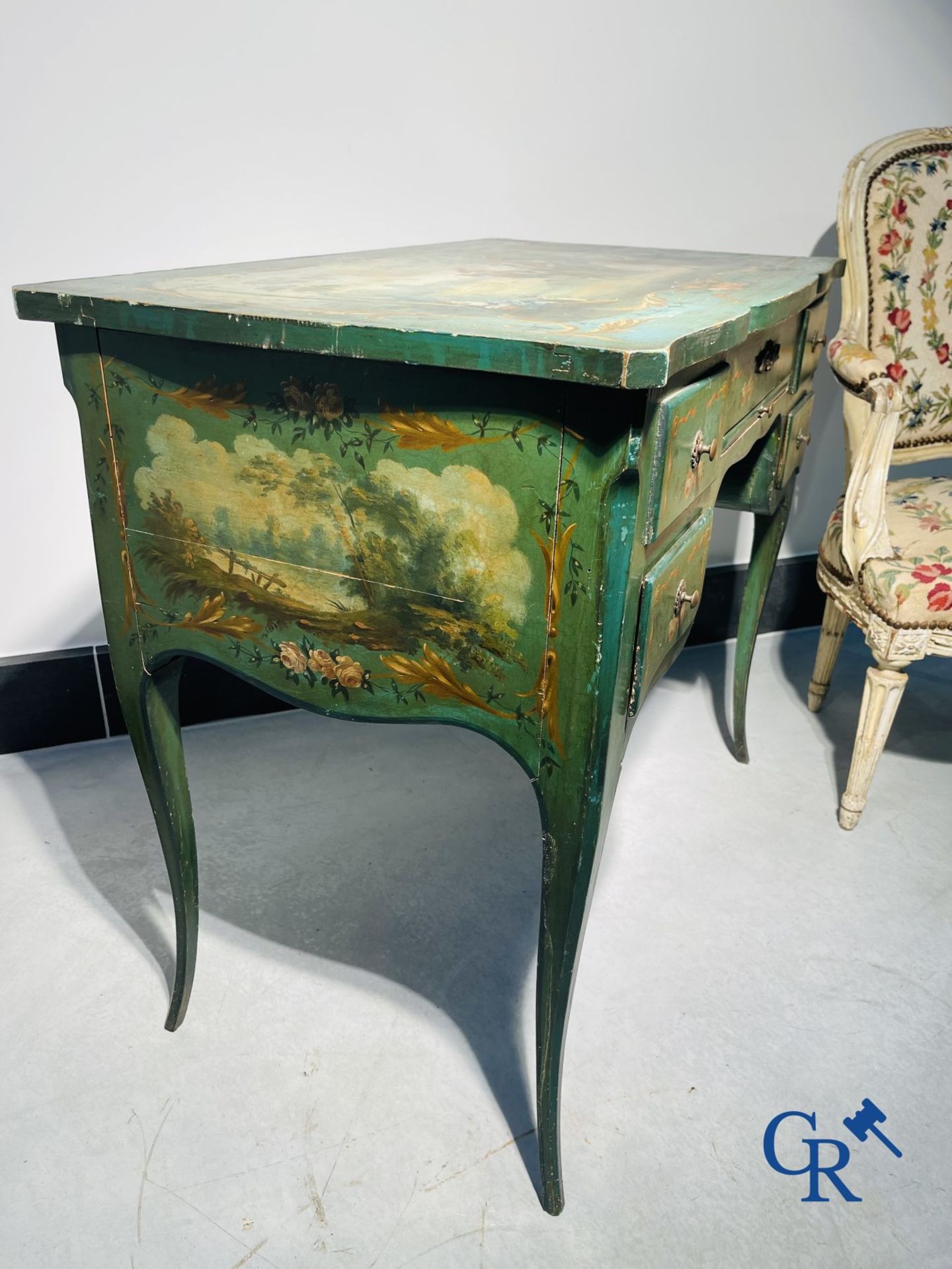 Ladies dressing table with gallant paintings, and a lacquered armchair transitional period Louis XV  - Image 9 of 17