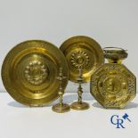 A lot of 2 large baptismal dishes, a portrait dish, 2 candlesticks and a holy water bucket. 16th-17t