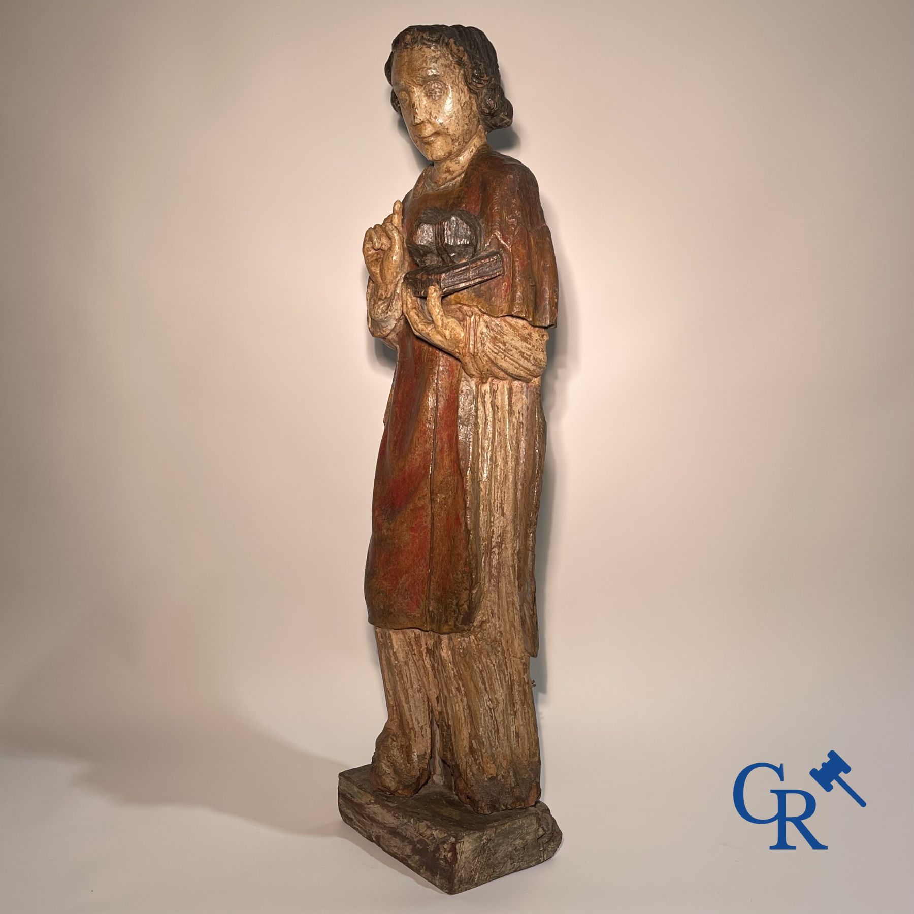 Wooden sculpture: Polychrome wood sculpture of a saint. Saint Stephen. Probably 17th century. - Image 15 of 26