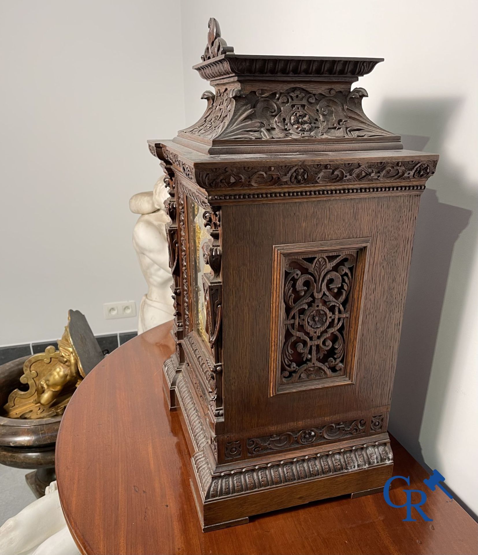 Clock with multiple bells and music in oak sculpted case with matching pedestal. - Image 2 of 10