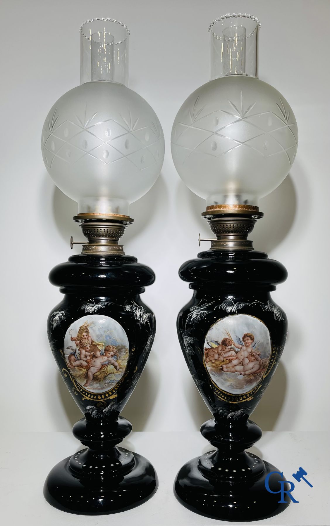 Pair of oil lamps in black opaline with enamelled decor. - Image 2 of 6