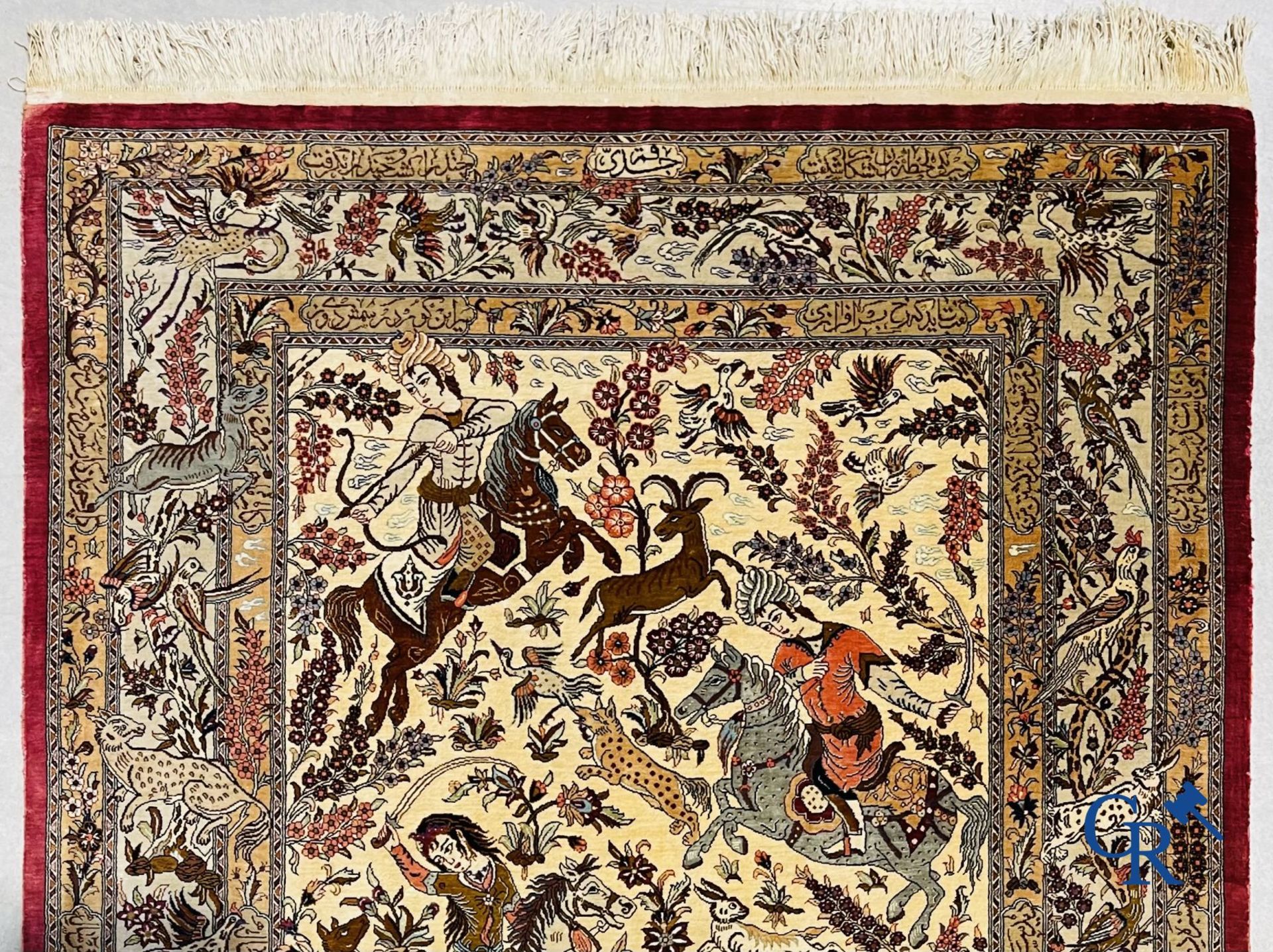 Oriental carpets: Iran, Ghoum. Signed Persian carpet in silk with a hunting decor. - Bild 3 aus 9