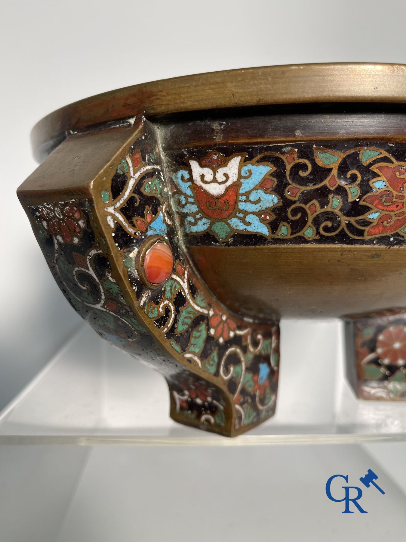 Asian Art: A three-legged bronze and cloisonne incense burner. Marked. - Image 5 of 21