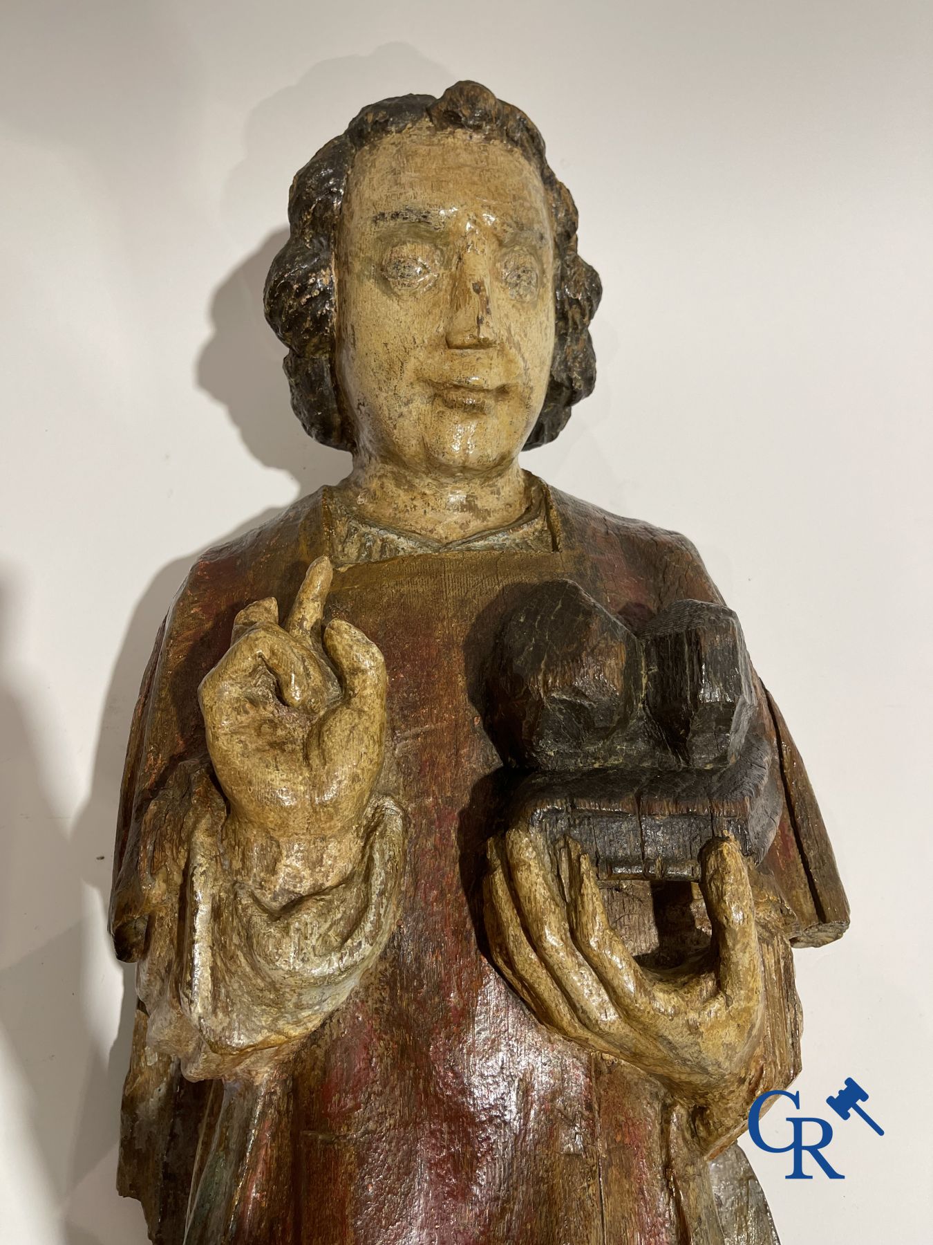 Wooden sculpture: Polychrome wood sculpture of a saint. Saint Stephen. Probably 17th century. - Image 20 of 26