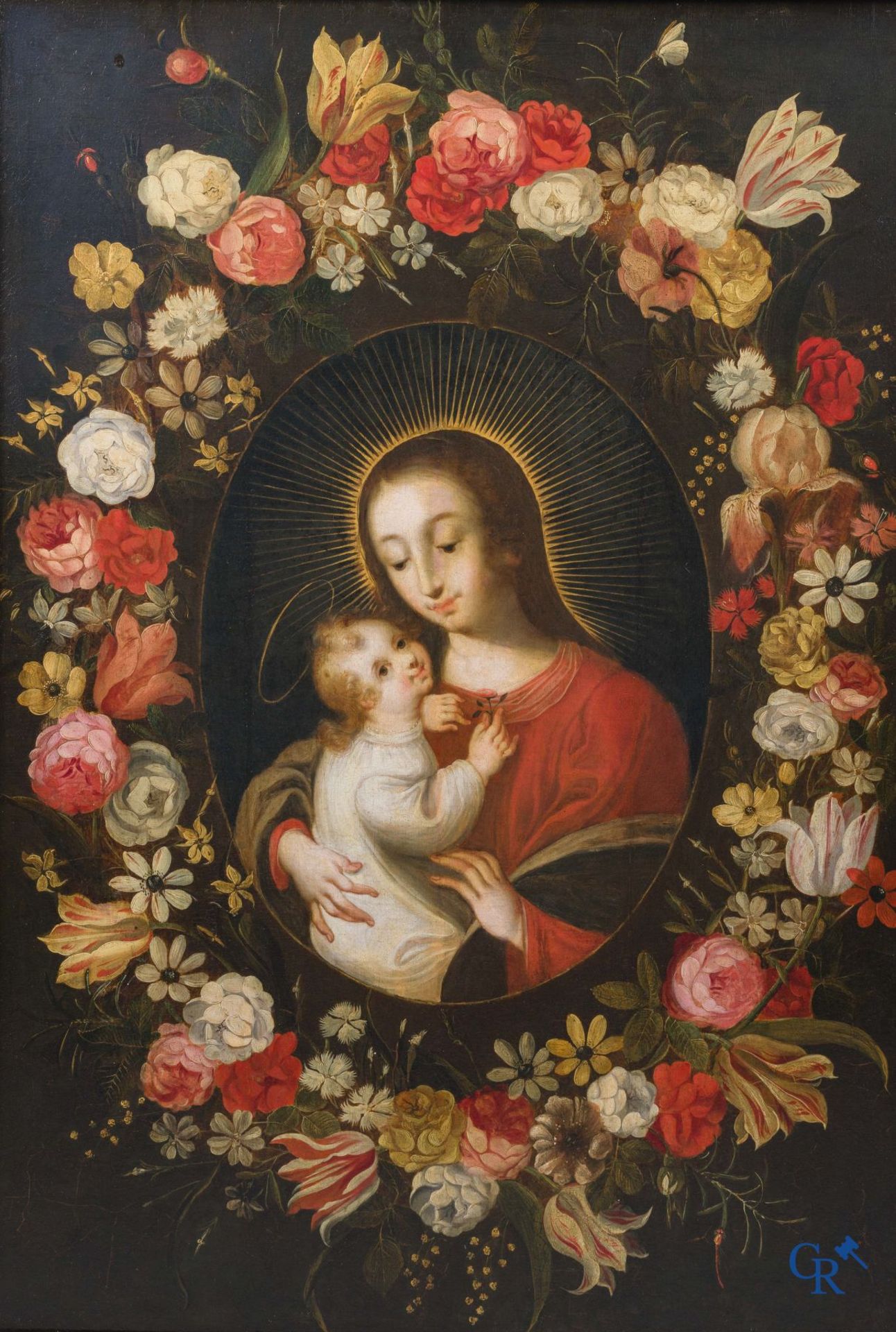 Flemish school, in the manner of Daniel Seghers. Mary with child in a wreath of flowers. Oil on pane - Bild 2 aus 9