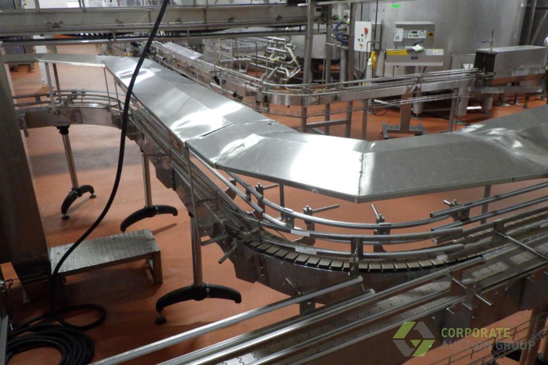 SS Bottling Conveyor, 45' x 4.5" x adj. H, with rails, overhead cover, wire guards, (3) 90d turns - Image 10 of 10
