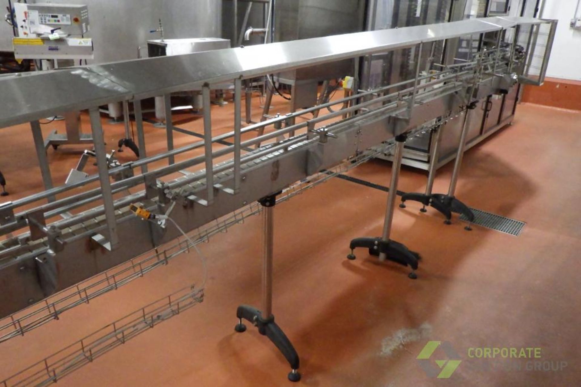 SS Bottling Conveyor, 45' x 4.5" x adj. H, with rails, overhead cover, wire guards, (3) 90d turns - Image 8 of 10