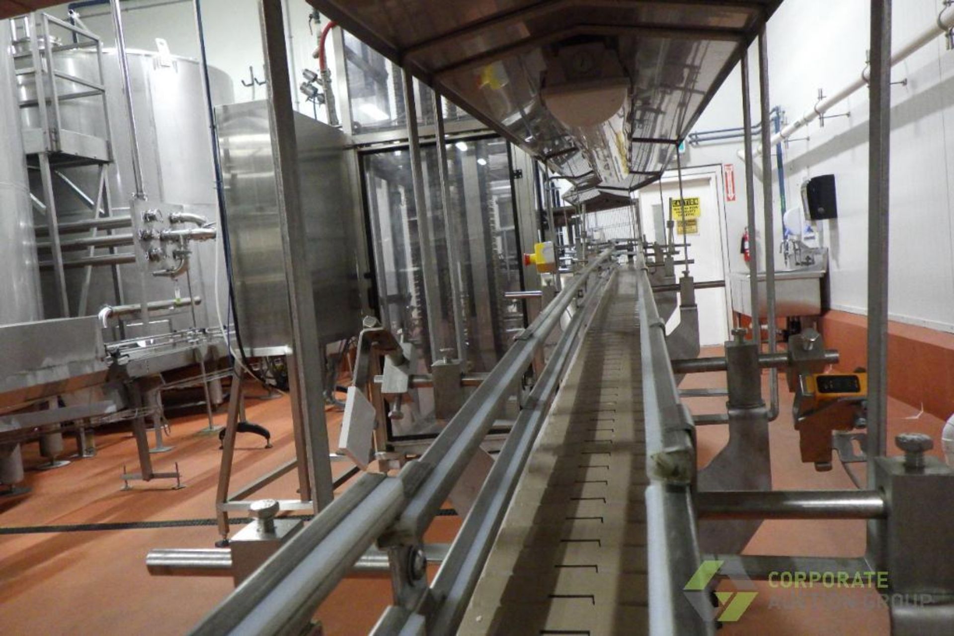 SS Bottling Conveyor, 45' x 4.5" x adj. H, with rails, overhead cover, wire guards, (3) 90d turns - Image 9 of 10