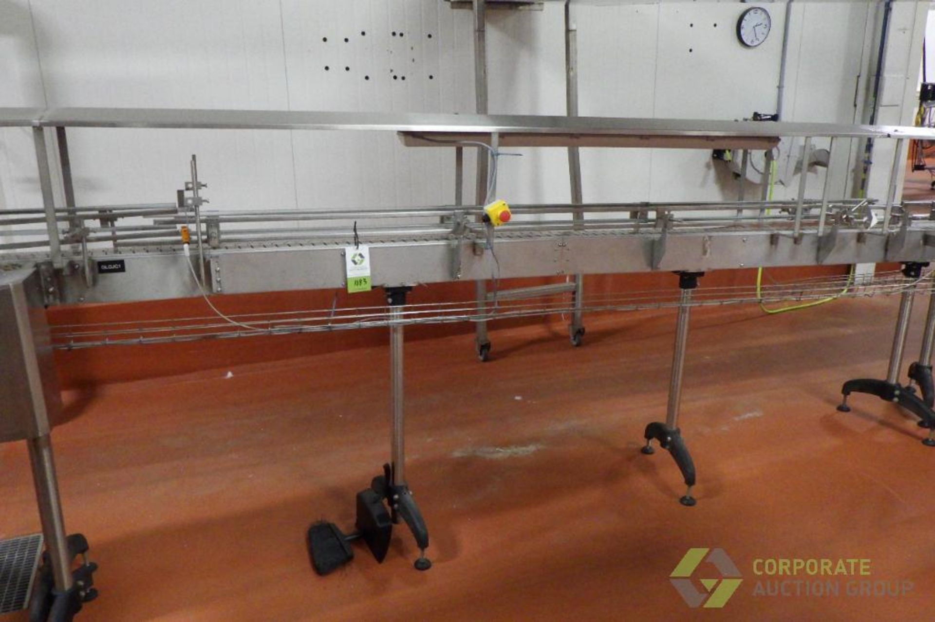 SS Bottling Conveyor, 45' x 4.5" x adj. H, with rails, overhead cover, wire guards, (3) 90d turns