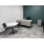 Contents of office incl: (1)"L" Shape desk, (1)executive chair, (2) conference chairs (1) round