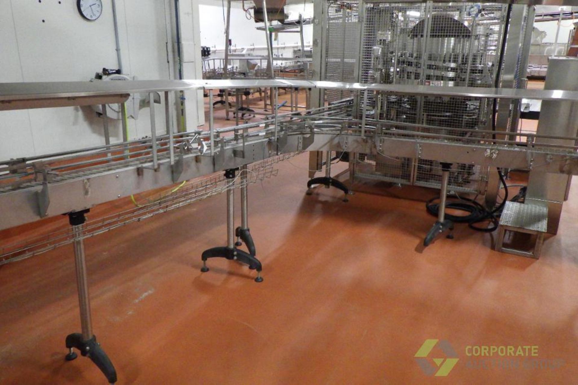 SS Bottling Conveyor, 45' x 4.5" x adj. H, with rails, overhead cover, wire guards, (3) 90d turns - Image 2 of 10