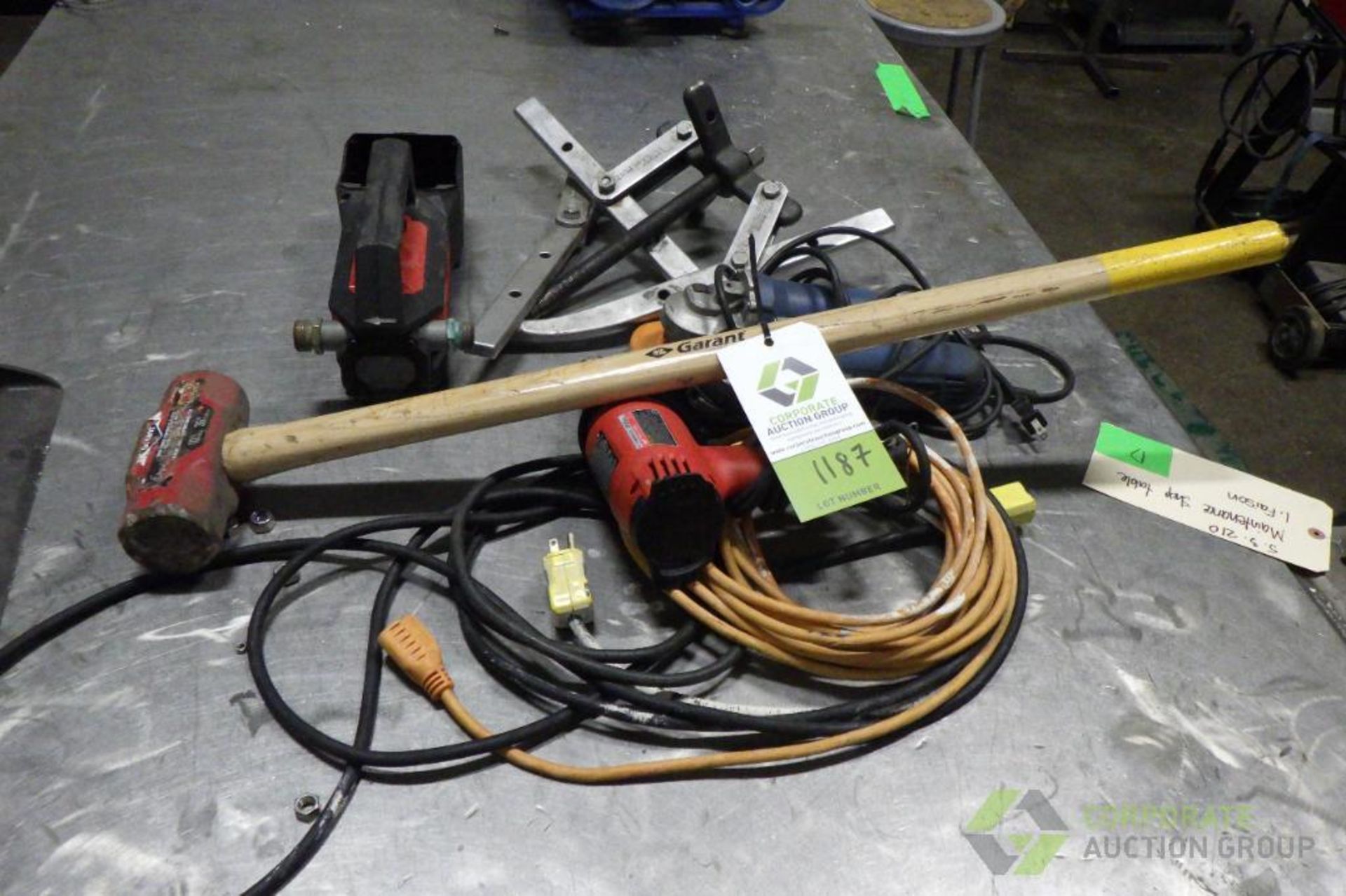 Assorted tools, including sledge hammer, heat gun, angle grinders, pulley puller, Milwaukee tr. pump