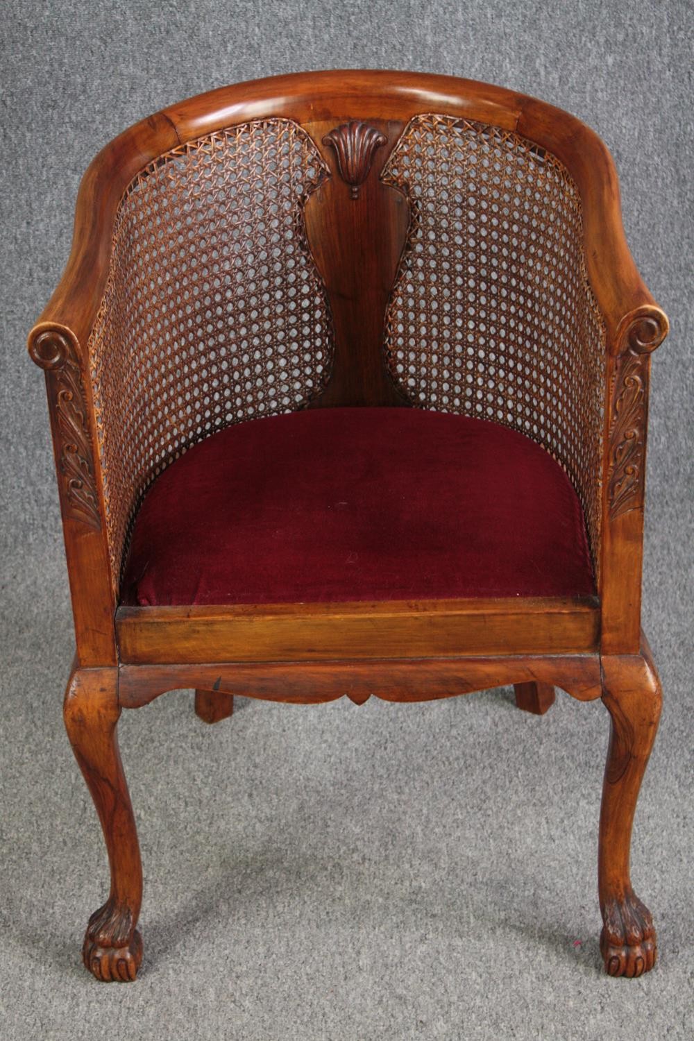 A mid century walnut George I style tub chair with bergere caned back and sides. H.88 W.56cm.